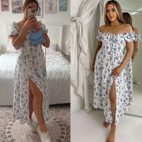 Floral Print White Flared Dress Puff Short Sleeve Leg Slit - Picture 11 of 16